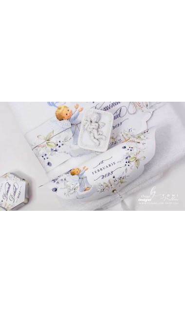 Trusou botez cu ingeri si flori de bumbac personalizat pentru baieti Ingerul Albastru 20